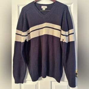 J. CREW Authentic Vntg Y2K L Navy COTTON Ribbed Stripe V Neck Varsity Ribbed NEW